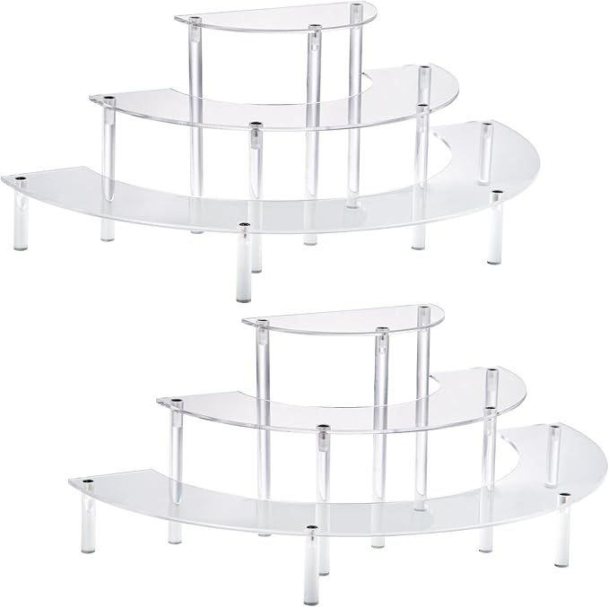 HENABLE Acrylic Display Risers, 3 Tier Clear Cupcake Perfume Stand Organizer, Half Moon Dessert Stand for Display, Food, Amiibo Funko POP Figure (2half
