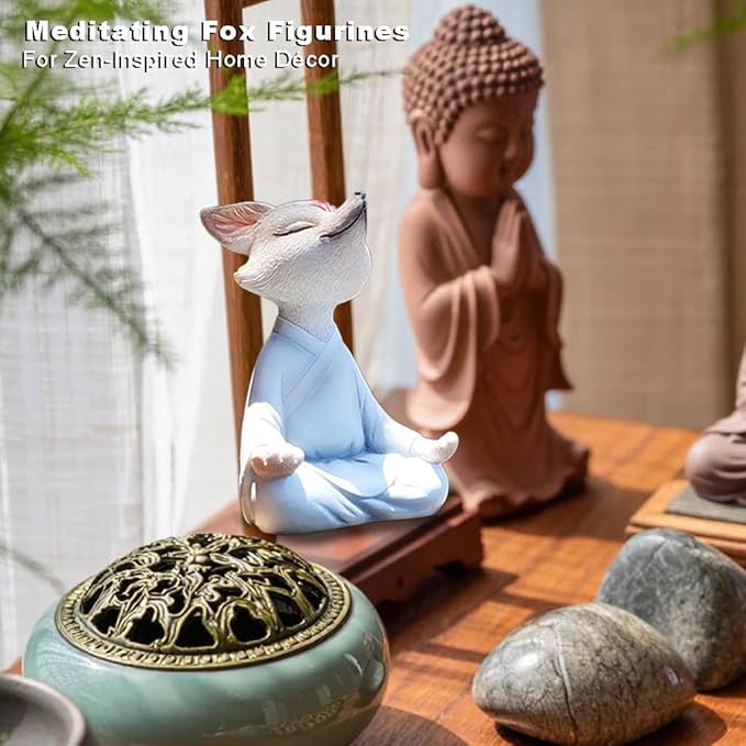 ‌Serene Zen Resin Buddha White Fox Statue - Zen Yoga Figurine & Meditation Sculpture for Office Desk, Bookshelf, Home Decor & Garden. Feng Shui Statue for Women, Plants & Yoga Lovers.