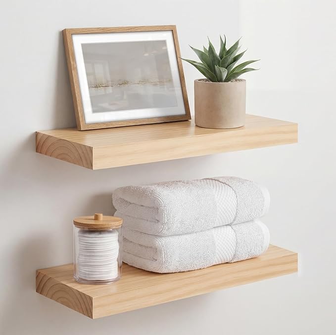 Homeforia 16 inch Natural Floating Shelf, High End Solid Real Wood 16inch Small Floating Shelves for Wall Mounted, Natural Wooden Floating Shelves, Heavy Duty Bracket, 16 X 6.5 X 1.75 in, Set of 3
