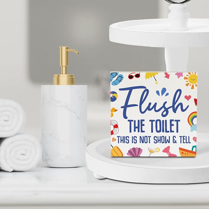 Funny Bathroom Signs Summer Bathroom Decor Flower Summer Decorations Wooden Box Sign for Home Office Farmhouse Table Shelf