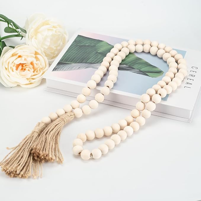 58in Wood Bead with Tassels – Boho Farmhouse Decor for Wall, Vase, Tray – Handmade Wooden Beads Home Decor