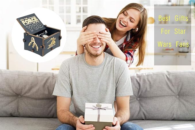 MAD DI Music Box, Wooden Hand Crank Unique Musical Boxes Theme Starwars, Mini Antique Vintage Craft Laser Engraved Home Decorations for Christmas, Wedding, Valentines, Birthday Gifts(Black)