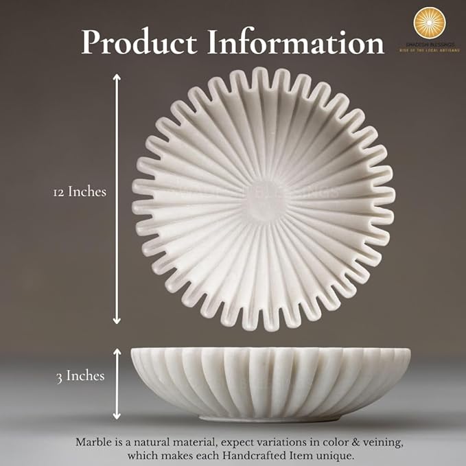 SWADESHI BLESSINGS HandCrafted Marble Ruffle Bowl/Antique Scallop Bowl/Fruit Bowl/Vintage Ring Dish/Decorative Flower Dish/HouseWarming Gift/Wedding Gifts/Urli (12 Inches)
