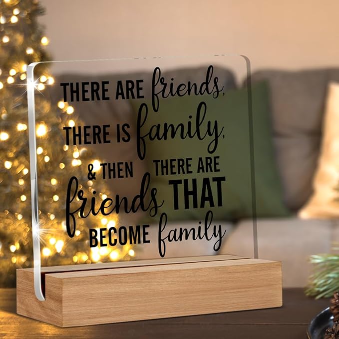 Friendship Gift Best Friends Gifts for Women Men There Are Friends There is Family Clear Desk Decorative Sign Acrylic Sign With Wooden Stand for Desk Table Shelf