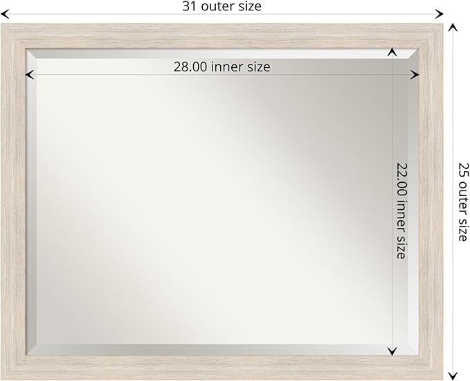 Amanti Art White Wall Mirror 25x31 Hardwood White Wash Narrow Rectangle Bathroom Mirror for Wall Decor Living Room, Large Country Rustic Wood Frame, Hangs Horizonally and Vertically, Bathroom Decor,
