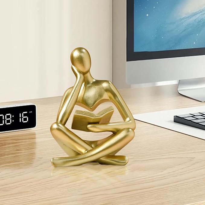 UTTCMK Abstract Art Thinker Statue - Reading Thinker Sculpture Figurine, Modern Home Decoration for Living Room Office Shelves Coffee Table Desk Decor (Gold)