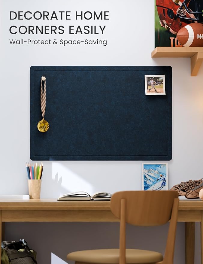 Fluxynara Bulletin Board,35.4" x 23.6" Cork Board Alternative with 12 Safe Removable Adhesive Tabs, Foldable Felt Pin Board for Home Office, Classroom, Bedroom,Entryway for Walls—Carbon Blue