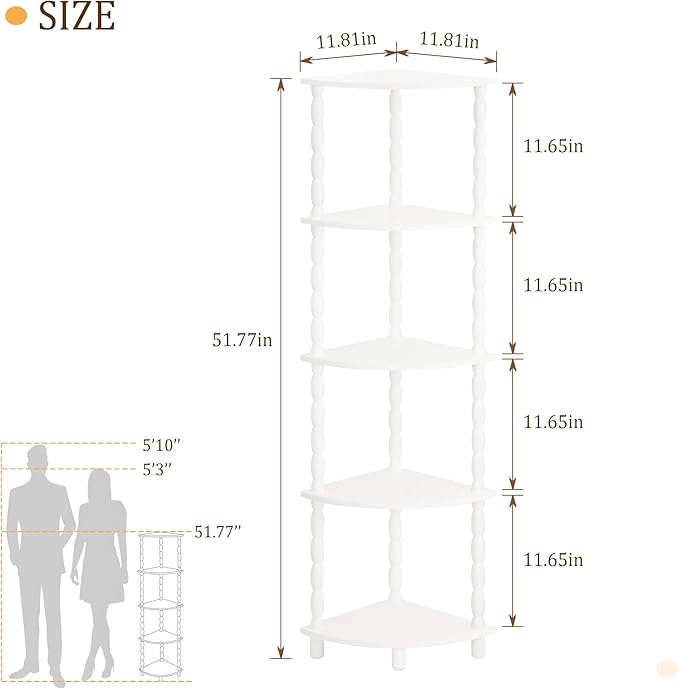 MaxSmeo Corner Bookshelf, 5-Tier Corner Shelf Stand, Modern Corner Plant Shelves with Storage, for Bedroom, Bathroom, Kitchen, Living Room (White)