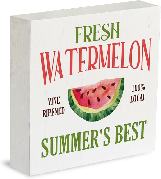 Farmhouse Summer Watermelon Wooden Box Sign Rustic Country Watermelons Box Sign Wood Sign Decor Summer Square Wood Sign Home Kitchen Desk Tabletop Shelf Decor 5 x 5