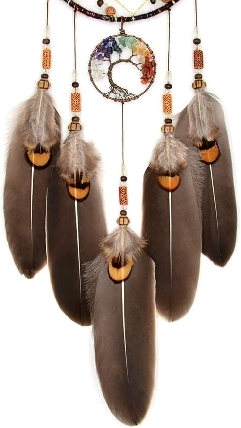 MOONFLY Dream Catcher Handmade Traditional Feather Dreamcatcher Hanging Home Wall Decoration Craft Ornament for Home, Bedroom, Kids, Boys Native American Style Décor (Brown Life Tree)
