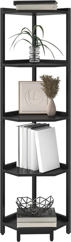 Hzuaneri Corner Shelf Stand, Corner Bookshelf, Storage Standing Shelf Unit with Metal Frame, Plant Stand, Bookcase for Living Room, Home Office, Bedroom, 5-Tier Black CS05906B