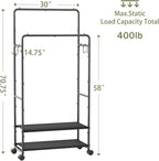 Simple Trending Clothes Rack, Rolling Clothing Rack With Shelves Load 450 LBS, Double Rod Clothing Racks with Wheels for Hanging Clothes, Black