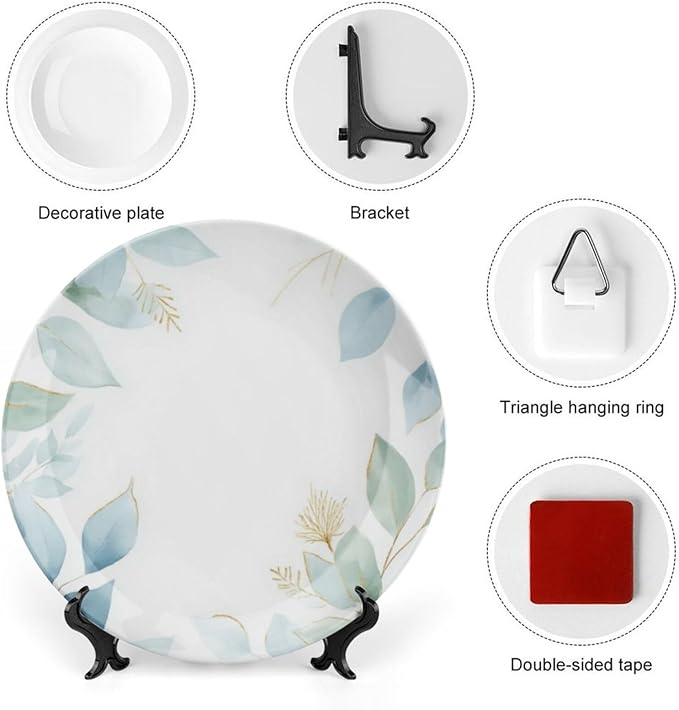 Leaf Theme Decorative Ceramic Plate Round Porcelain Plate,8 inch,Botanical Watercolor Pattern,for Decorative Ornaments Giving Plates,1 Plate with 1 Display Stand,Blue Green