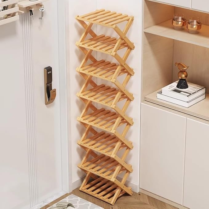 Simcat Bamboo Shoe Rack, Portable Folding Shoe Storage Rack,No Installation Free Standing Shoe Rack for Entryway, Closet, Dorm/Small Spaces (Eight shades of brown)