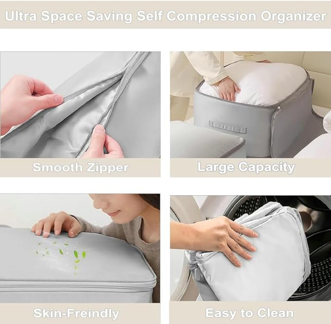 Ultra Space Saving Self Compression Organizer, Large Capacity Storage Bag, Thick Satin Fabric Heavy Duty Bags for Comforters Blankets Bedding Duvet (Gray, X-Large, 2PCS)