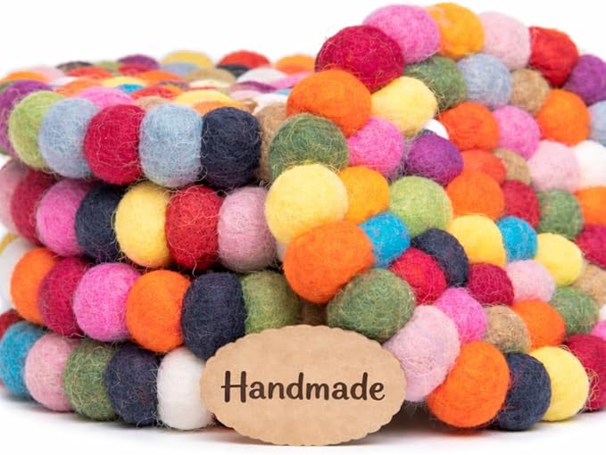 Round Felt Ball Coasters - 100% Merino Wool Table Coasters - Felt Coaster Pads, Absorbent Trivet for Drinks - Heat Resistant, Thick & Durable Hand Felted - Woolygon - Multicolor Set of 5 (Rainbow)