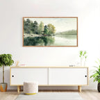 KAIRNE Framed Nature Canvas Wall Art Set,Misty Forest Wall Decor,Green Mountain Forest Pictures,Lake Water Painting set of 1(20”x40”),Landscape Scene Print for Living Room, Bedroom,Gallery Decor
