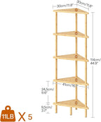 HOOBRO Corner Shelf Stand, 5-Tier Bamboo Corner Bookshelf, Plant Display Shelf, Corner Bookcase, Multipurpose Shelving Unit for Small Space, Living Room, Easy Assembly, Natural YL20CJ01