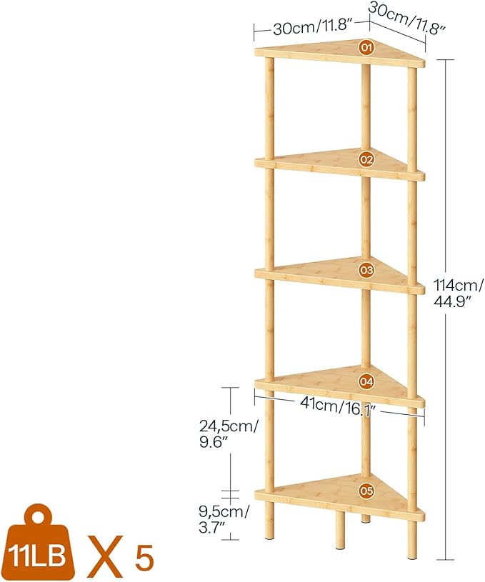HOOBRO Corner Shelf Stand, 5-Tier Bamboo Corner Bookshelf, Plant Display Shelf, Corner Bookcase, Multipurpose Shelving Unit for Small Space, Living Room, Easy Assembly, Natural YL20CJ01
