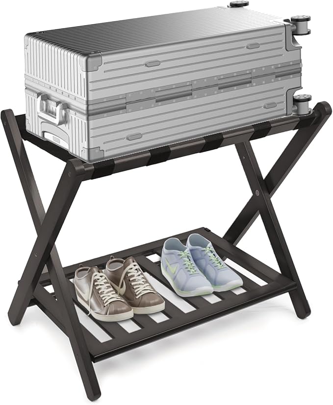 Smuxee Fully Assembled Luggage Rack for Guest Room, Upgraded Bamboo Foldable Suitcase Stand with 5 Nylon Straps, Luggage Holder with Shelf for Bedroom Hotel