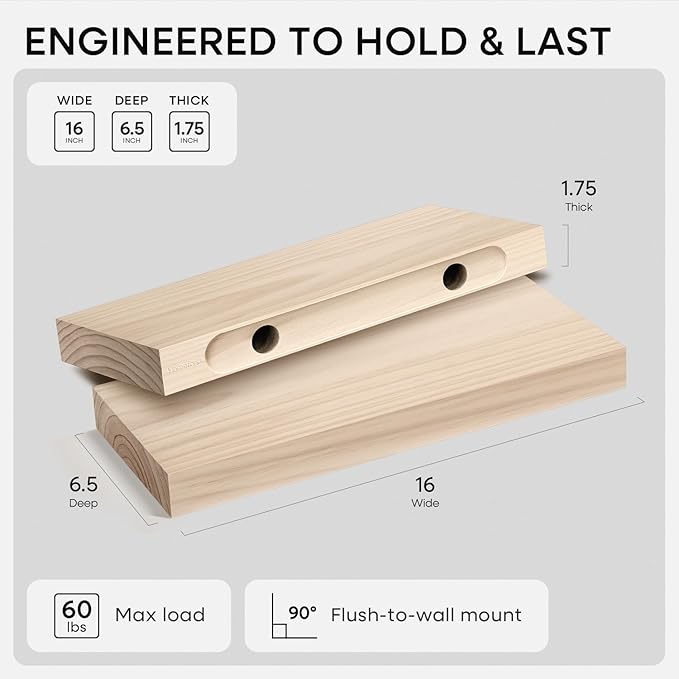 Homeforia Wood Floating Shelf 16 inch, High End Solid Natural Wood 16inch Floating Shelves for Wall Mounted, Unfinished Wooden Small Floating Shelves, Heavy Duty Bracket, 16 X 6.5 X 1.75 in, Set of 3