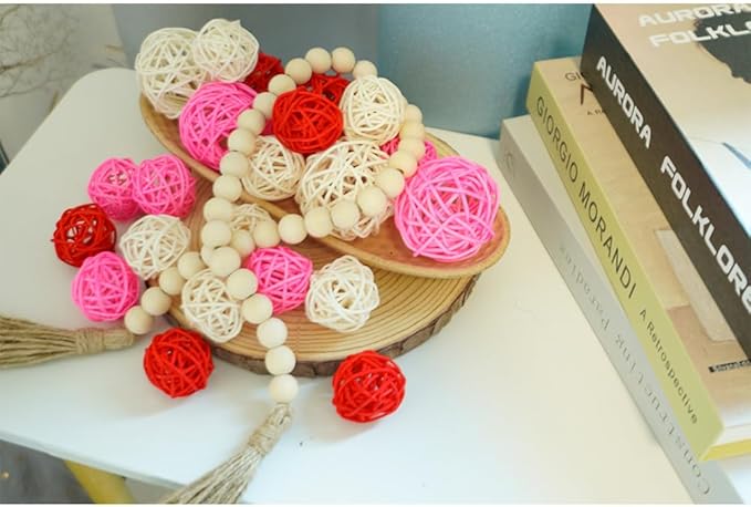 Qingbei Rina Valentine's Day 20 PCS Wicker Rattan Balls, Red Pink White Decorative Balls for Bowls, Vase Filler for Centerpieces, Bowl Fillers for Home Decor(Pink Red White)