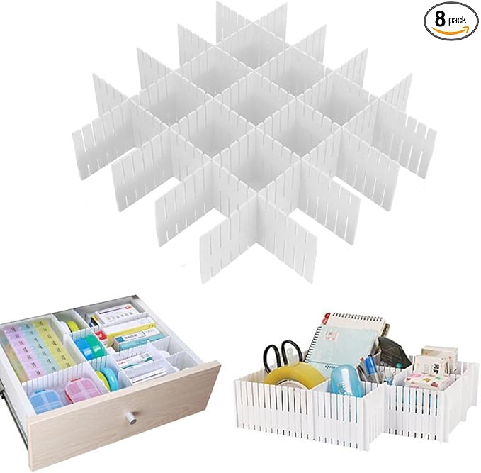 Onerbuy 8pcs Adjustable Grid Drawer Dividers DIY Plastic Closet Separator Tidy Organizer Container for Underwear Socks Belt Office Supplies(White)