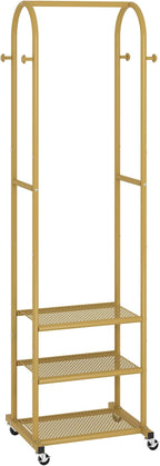 Heavy Duty Clothing Rack with Wheels,Modern Garment Rack with 3 Metal Shelves, 71.8Inches Display Rack for Hanging Clothes, Hanging Rod for Small Space,Gold