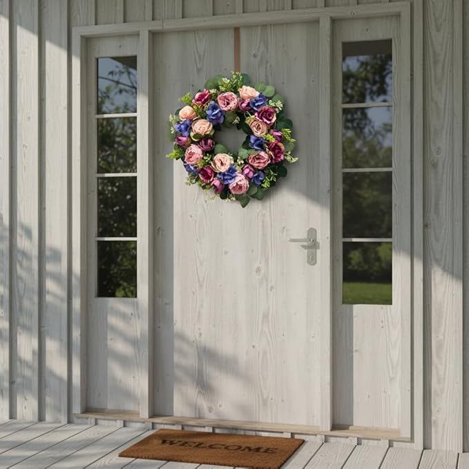 Svndlyn 22 Inch Pre-lit Artificial Spring Wreath for Front Door with Timer - 20 LED Lights, Pink Rose Peony & Eucalyptus Floral Decor, Battery Operated Summer Wreath for Indoor Covered Outdoor