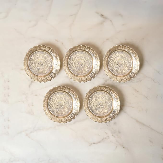 Shubhkart Solid Brass Decorative Nakshi Plate Set for Puja, Decoration & Diwali Gifting (Small 7 cm, Pack of 5, Solid Brass)