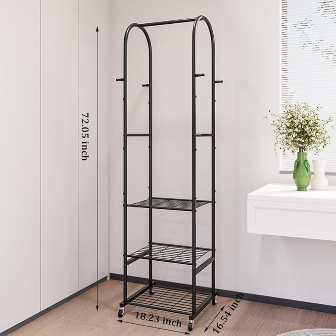 SUOERNUO Clothes Rack With Wheels and 3-Tier Metal Shelves,Clothing Rack For Hanging Clothes With 4 Hooks,Garment Rack Wardrobe Organizer for Small Space,Black (black, 16.54 * 18.23 * 72.05)