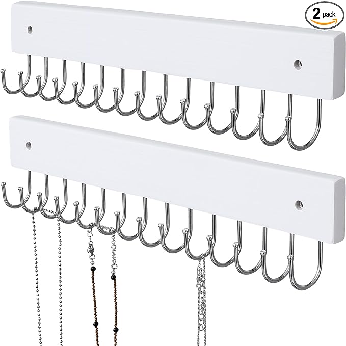 Hanging Jewelry Organizer Wall Mounted, Modern Jewelry Display with 28 Hooks, Decorative Necklace Holder for Wall, Space Saving Necklace Hooks, (2 Packs, White)