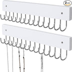 Hanging Jewelry Organizer Wall Mounted, Modern Jewelry Display with 28 Hooks, Decorative Necklace Holder for Wall, Space Saving Necklace Hooks, (2 Packs, White)