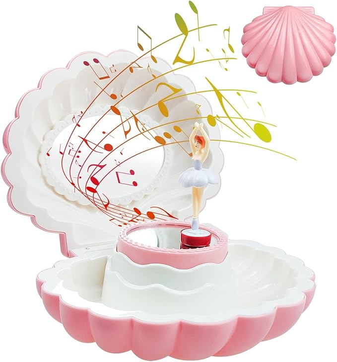 Ballerina Music Box, Pink Shell Music Box with Mirror, Jewellery Melody Box for Birthday, Wedding, Valentine's day
