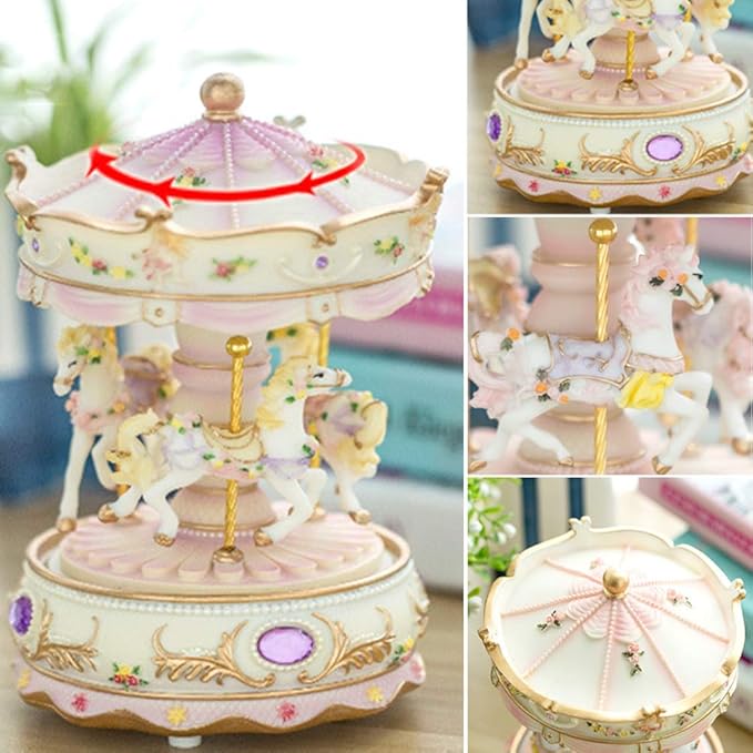 Carousel Music Box with 3 Rotating Horses, Color-Changing LED Lights, Wind-Up Clockwork 18-Note Melody, Small Resin Tabletop Decor, 5.9" Tall x 3.93" Dia (Purple)