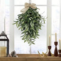 Artificial Olive Branch Swag with Burlap Bow, Green Hanging Teardrop Wreath for Door, Window, Holiday Decor