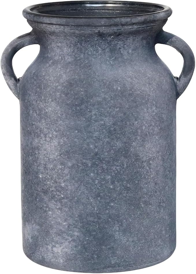Black Glass Vase with Handles - Rustic Imitation Ceramic Flower Vase 8 Inches, Vintage Matte Black Centerpiece Decor for Modern Farmhouse, Industrial Home, Gothic & Minimalist Table Decorations