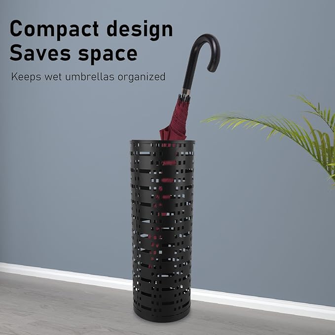 Pissente Umbrella Holder, Rustproof Space Saving Fashionable Hollow Round Metal Umbrella Stand Rack for Entryway Home Office Indoor Outdoor, Black, 16.5 x 5.9 x 5.9in