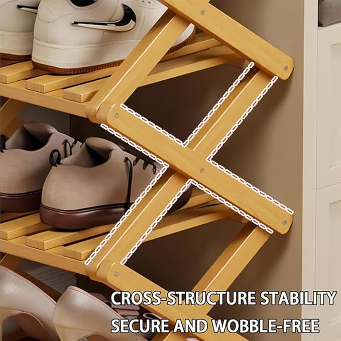 The 9-Tier No-Assembly Bamboo Rack, Foldable Stackable 9 Tier Bamboo Shoe Rack Vertical Storage Sturdy & Stable, Tall Narrow Space-Saving Expandable Shoe Rack for Entryway Closet Dorm (Brown,9 Tiers)