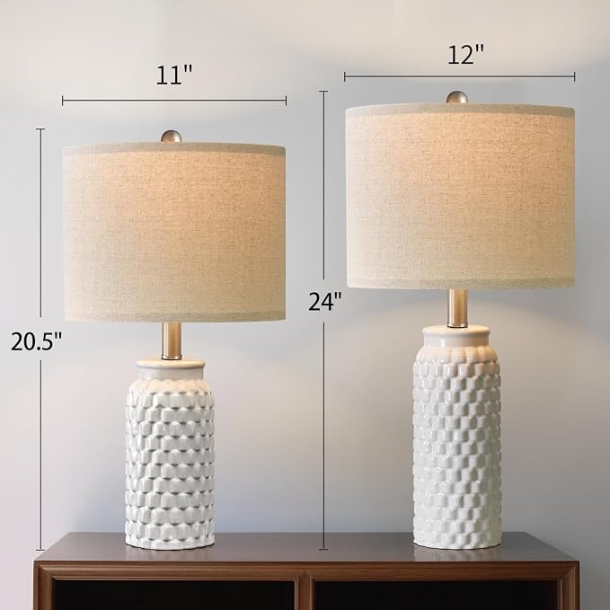 USumkky 24" Modern Ceramic White Bedside Lamp Set of 2 Table Lamp for Bedroom Decor Farmhouse Table Lamp for Living Room Office Dorm