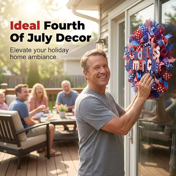 Patriotic Wreaths for Front Door, 250 Anniversary Decorations 4th of July Decorations Outdoor, Handcrafted Memorial Day Wreaths, Festival Celebration USA Flag Printed Wreath (E)