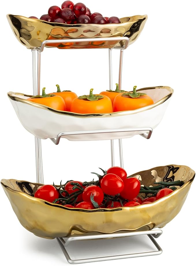 jessie 3 Tier Ceramic Fruit Basket for Kitchen Counter with Metal Stand, Fruit Bowls with Rack, Porcelain Bowls for Vegetable Bread Candy Snack Nuts Dessert Cake Tray (Gold Triple Layer)