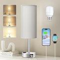 Fenmzee Light Grey Table Lamp for Nightstand - 3 Way Dimmable Touch Bedside Lamp USB C and A Charging Ports and AC Outlet, Small Desk Lamp with Silver Base for Office Nursery, LED Bulb Included