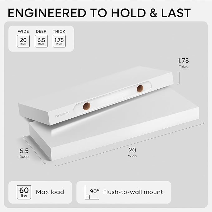 Homeforia White Floating Shelf 20 inch, High End Solid Real Wood 20inch Bathroom Floating Shelves for Wall Mounted, White Wooden 20in Floating Shelves, Heavy Duty Bracket, 20 X 6.5 X 1.75 in, Set of 4