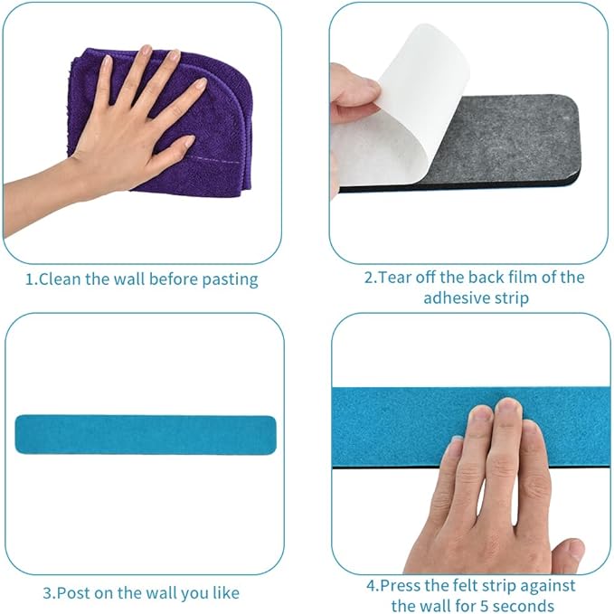 Vuzvuv 8 pcs Bulletin Board Bar Strips with 50 Pushpins & 10 Wooden Clip pins，Self Adhesive Cork Board for Wall，Felt Pin Board for School，Office Decor(Blue White Grey)