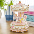 Carousel Music Box with 3 Rotating Horses, Color-Changing LED Lights, Wind-Up Clockwork 18-Note Melody, Small Resin Tabletop Decor, 5.9" Tall x 3.93" Dia (Pink)