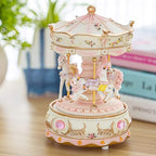 Carousel Music Box with 3 Rotating Horses, Color-Changing LED Lights, Wind-Up Clockwork 18-Note Melody, Small Resin Tabletop Decor, 5.9" Tall x 3.93" Dia (Pink)