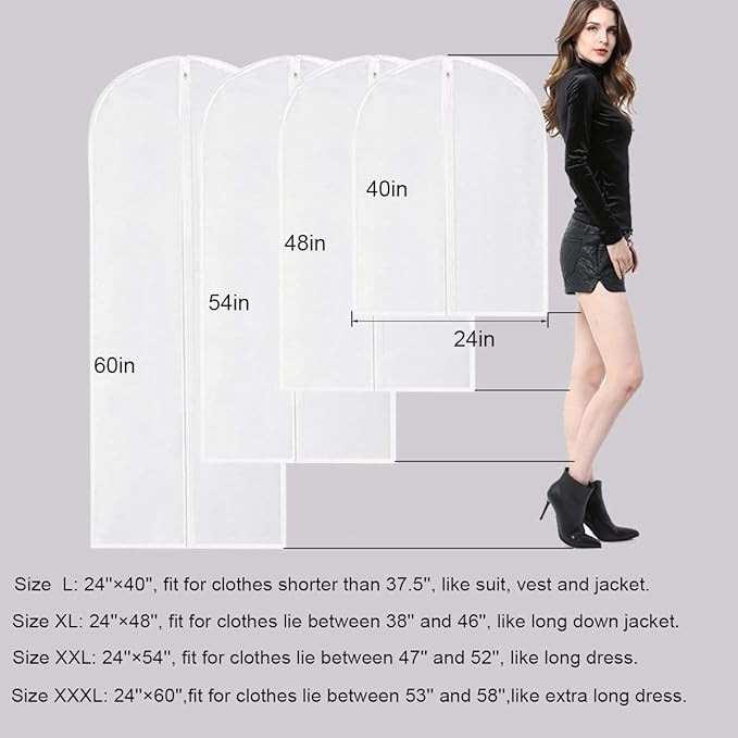 Garment Bags for Long Dresses,60in Clear Hanging Lightweight White Breathable Dust Proof Covers with Study Full Zipper for Clothes Storage Closet Pack of 6