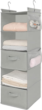 MAX Houser 5 Tier Shelf Hanging Closet Organizer, Cloth Hanging Shelf with 2 Sturdy Hooks for Storage, Foldable (Light Grey-D2)