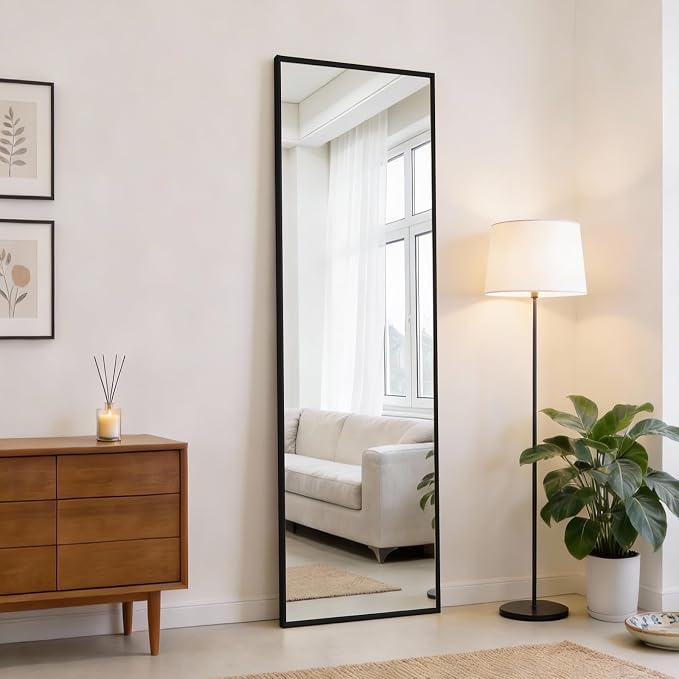 DUMOS 47"x14" Full Length Door Mirror, Full Body Mirror with Aluminum Alloy Thin Frame, Leaning or Hanging, Suitable for Bedroom, Livingroom, Cloakroom, Black